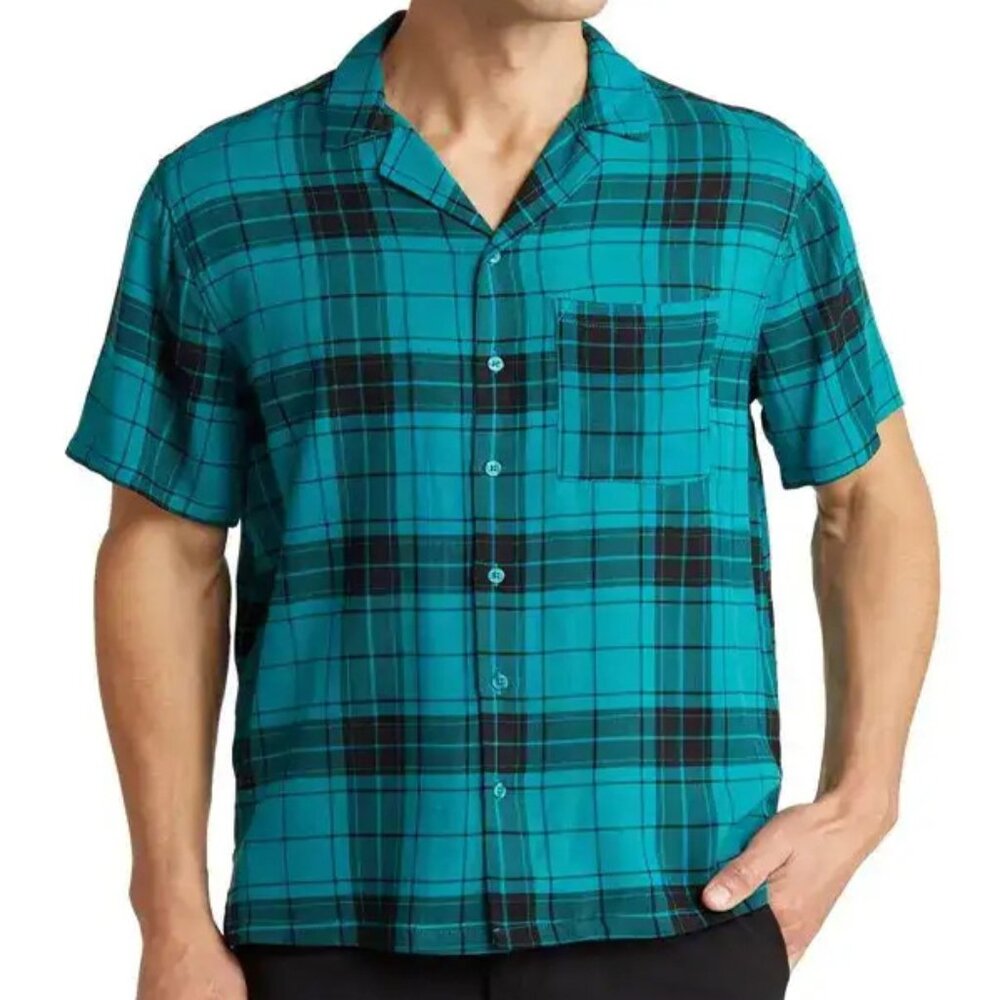 BP Nordstroms Men's Size M Plaid Short Sleeve Teal Black Camp Shirt